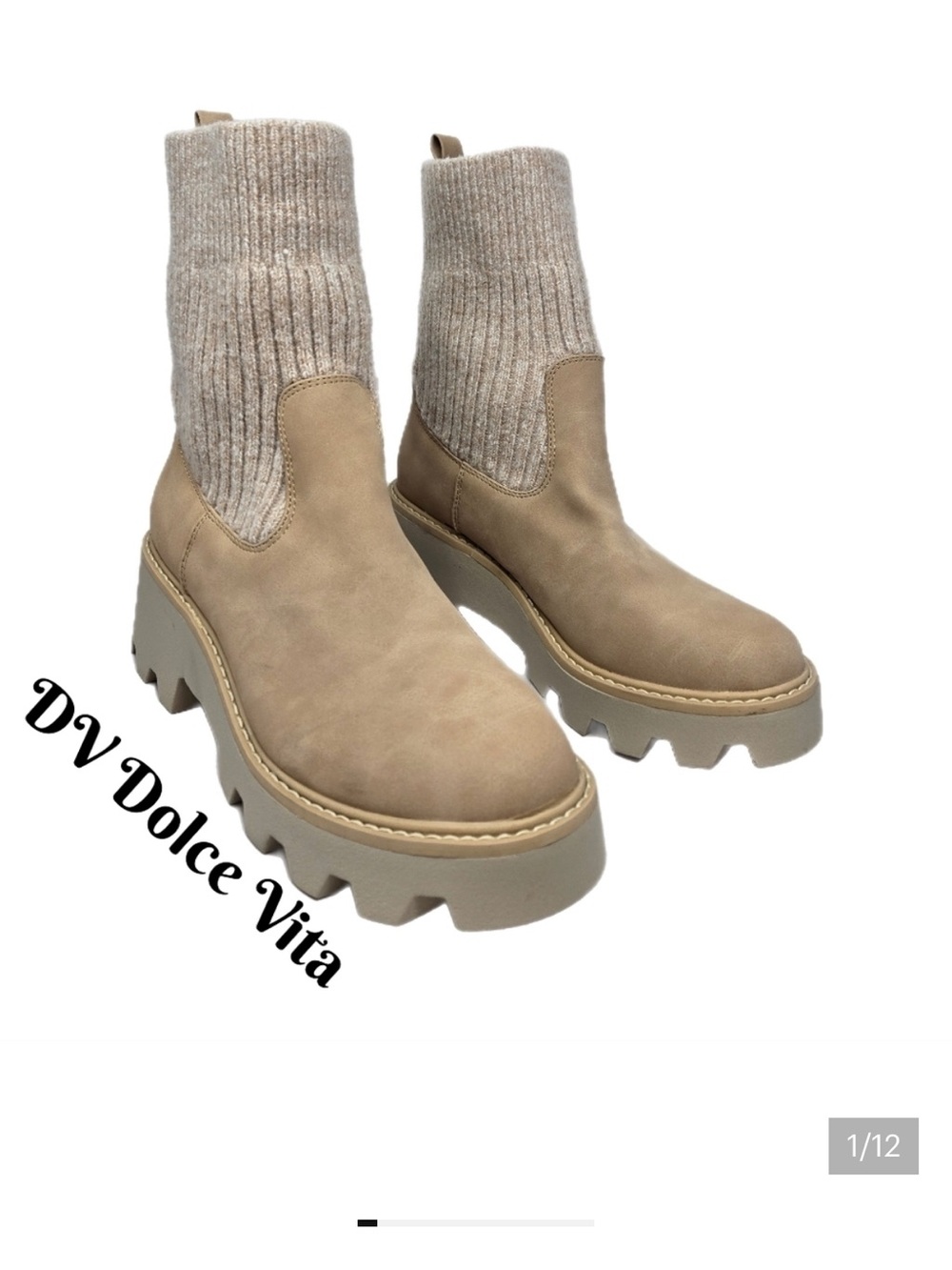 DV Dolce Vita Vionie Booties Women's Sz 8M Faux Beige Suede Knit Ankle Stretch